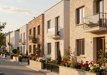 An elegant street in a clean, upscale Central European suburb. High-end modern townhouses, blooming flower beds, warm sunlight casting soft shadows, luxury residential area, warm gold and soft sand colors.