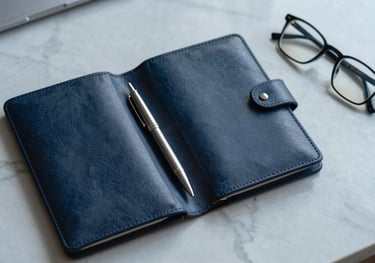 A formal flat-lay of a leather portfolio, a silver fountain pen, and a pair of glasses on a minimalist marble desk, styled in dark blue and muted blue tones.