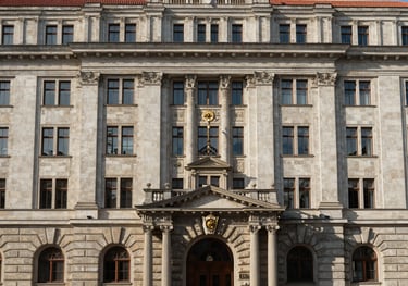 Detailed architectural photography of a historic government building facade in a Central European / Polish-Romanian city, representing institutional stability and trust.