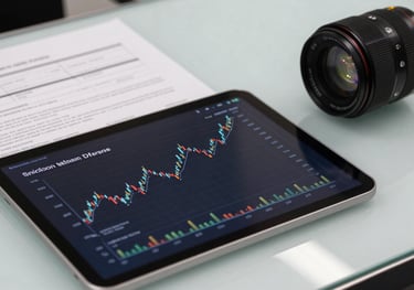 Still life photography of an official printed report and a tablet showing a financial graph, placed on a light blue glass surface in a high-end office.
