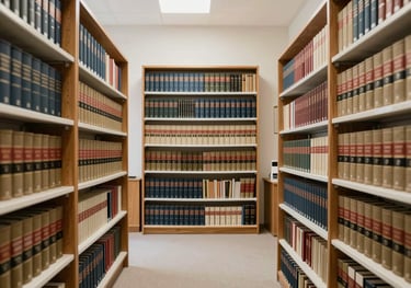A clean, bright view of a professional law library with organized shelves of legal volumes in a Central European / Polish-Romanian chamber office.