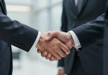 A close-up of two business professionals in formal attire shaking hands in a bright, modern foyer, symbolizing international partnership and collaboration.