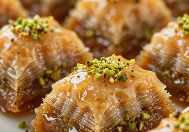 Close-up of fresh Baklava pieces soaked in honey with crushed green pistachios on top. Warm, rich brown and golden tones. Professional food photography.
