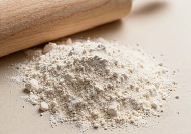Close-up of high-quality organic wheat flour and a wooden rolling pin on a light cream surface. Warm, soft lighting, focus on texture. Cream and light brown color palette.