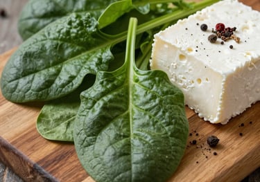 Still life photography of fresh spinach, feta cheese, and traditional spices on a wooden board. Vibrant and fresh, morning light, rustic authentic style.
