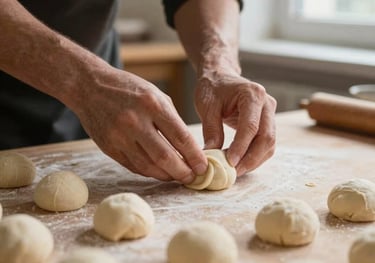 A close-up photography of a baker's hands expertly shaping small dough balls for Poğaça. Central European / German / Berlin environment. Natural window light, warm brown tones.