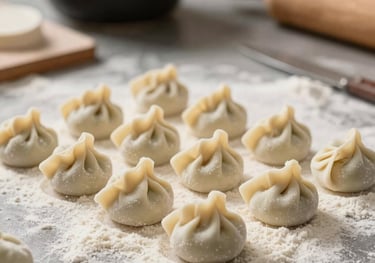 Detailed shot of small, handmade Mantı dumplings being placed on a floured surface. Soft focus background, Central European / German / Berlin artisan kitchen.