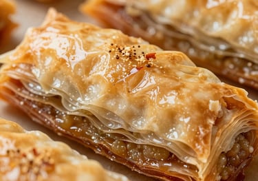Macro photography of golden, flaky layers of fresh Börek. Warm, appetizing lighting with soft shadows. Light brown and soft red tones.