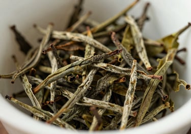 A macro photograph of high-grade dried Chinese tea leaves on an Off-white ceramic surface, showcasing the meticulous processing and uniform texture.