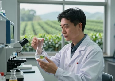 A medium shot of an East Asian / Chinese agricultural scientist in a laboratory, holding a beaker near modern testing equipment with tea plantations visible through the window.
