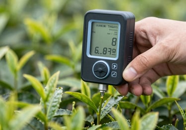 A close-up of a high-tech agricultural moisture meter being used on fresh green tea leaves by an East Asian / Chinese hand, emphasizing scientific precision.