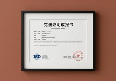 A clean, minimalist shot of an official ISO certification document framed on a Terracotta-colored wall in a professional corporate office setting in China.