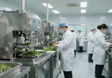 A wide shot of a modern, sterile tea packaging floor with stainless steel machinery and technicians in white uniforms, representing global hygiene standards.