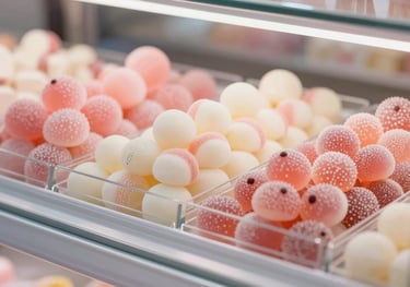 A vibrant selection of artisan gummy candies and sweets in a clean, modern display case. Colors include soft pinks and creams matching #A7727D and #F8F8F8.