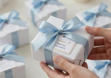 Hand-wrapped personalized gift boxes for a baptism, featuring elegant ribbons and custom labels.