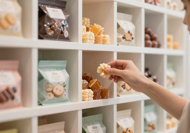 A person choosing sweets from a modern, minimalist pick and mix wall. Elegant packaging and clean aesthetic.