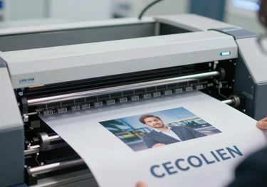 Professional digital printing machine in action, producing high-quality marketing materials. Clean, technical, and reliable atmosphere.