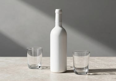 A minimalist arrangement of a white wine bottle and two glasses on a light beige table. The background is a clean, architectural space with muted steel grey shadows. South American context.