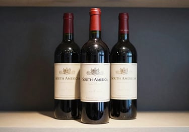 A detailed shot of three bottles of premium red wine standing on a minimalist shelf. The lighting is soft and warm, highlighting the labels and the deep slate grey background of a South American wine cellar.