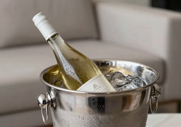 A bottle of chilled white wine resting in a contemporary silver ice bucket. Condensation on the bottle, set in a minimalist Brazilian lounge with beige and steel grey colors.