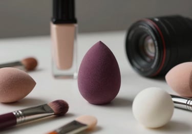 A sophisticated arrangement of professional makeup products and sponges in muted plum and soft almond white on a clean studio table.