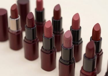 A set of high-end lipstick tubes in deep burgundy and dusty rose shades, artistically placed on a soft almond white surface.
