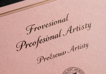 Close-up of a certificate of professional makeup artistry with elegant calligraphy, resting on a dusty rose fabric background.