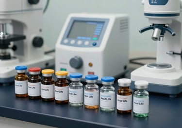 A collection of high-end medical equipment and pharmaceutical bottles arranged neatly on a dark navy surface. The composition is professional and clean, highlightingHoof Life's commitment to medical excellence.