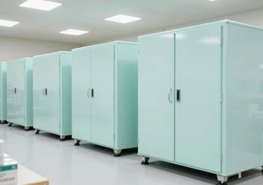An organized pharmaceutical warehouse in Yemen, showcasing modern cold-chain storage and high-quality packaging. The scene is bright and professional, with clean pale mint and arctic white lighting.