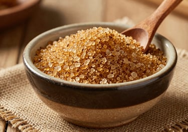 Natural brown sugar in a handcrafted ceramic bowl, with a wooden spoon resting inside, sitting on a burlap cloth under warm, natural light in a South American / Brazilian kitchen.
