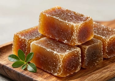Solid blocks of traditional rapadura (sugar cane candy) stacked on a rustic wooden tray, decorated with a small sprig of green leaves, South American / Brazilian style.