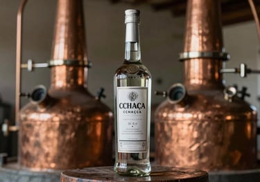 A bottle of silver cachaça placed next to a traditional copper alembic still in a dimly lit, clean artisanal distillery in South American / Brazilian style.