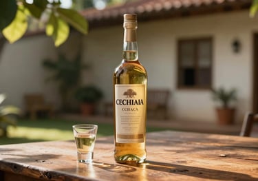 A bottle of golden aged cachaça on a rustic wooden table next to a small glass, with warm sunlight filtering through leaves in a South American / Brazilian courtyard.