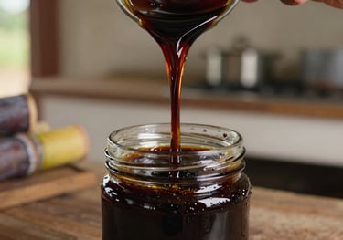 Rich, dark sugarcane molasses (melado) being poured slowly into a glass jar, showing its thick texture, against a backdrop of a rustic South American / Brazilian farm kitchen.