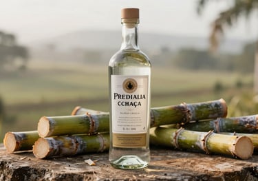 An elegant glass bottle of premium white cachaça standing on a rustic stone surface, surrounded by fresh cut sugarcane stalks, soft morning light in a South American / Brazilian farm setting.