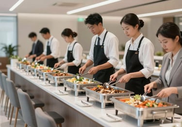 A clean, modern corporate dining area with organized seating and professional staff preparing a buffet, emphasizing reliability and hygiene.