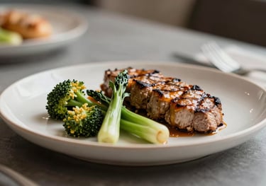 Close-up of a high-quality, nutritious executive meal featuring fresh vegetables and grilled protein, professionally plated on a minimalist ceramic dish using brand colors #F5F5F0 and #1A2C2A.