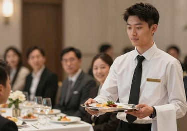 A professional waiter in a crisp uniform serving guests at a high-end corporate event, reflecting trustworthy and premium service.