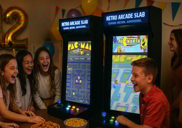 Kids playing supersized retro games at birthday party