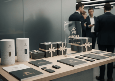 Branded corporate gift boxes and marketing brochures on a table at a business event networking session.