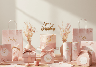 Elegant pink and gold birthday cake party table with gift bags, boxes, and macarons.