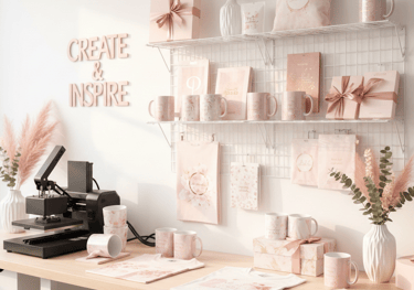 Custom pink merchandise display with heat press machine and personalized gifts in a craft studio.