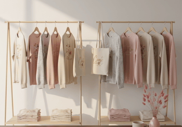 Minimalist clothing display featuring floral aesthetic sweatshirts and tote bags on wooden garment racks.