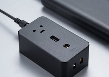 A high-quality product photo of a matte black surge protector and a modern portable power bank. Clean and professional composition on a light silver background.