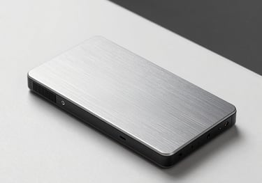 A studio shot of a high-performance external SSD with a brushed aluminum finish sitting on a white minimalist surface. Professional and clean product photography.