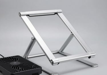 A studio shot of an adjustable aluminum laptop stand and a cooling pad with a clean, industrial aesthetic on a neutral gray background. Sharp details and modern style.