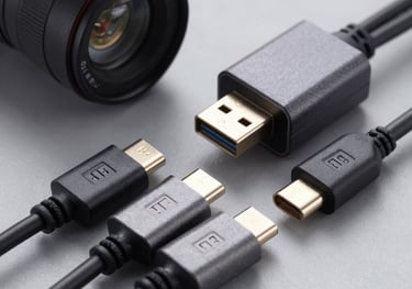 A close-up studio photograph of a collection of high-quality braided USB-C cables and multi-port adapters neatly arranged on a gray surface. Professional lighting highlighting the premium connectors.