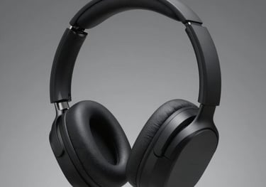 Professional studio photography of sleek over-ear wireless headphones in matte black. Profile view with minimal background, emphasizing modern design and high-tech quality.