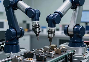 A professional photo of a high-speed robotic arm picking and placing precision parts on a conveyor belt. The lighting is sharp, highlighting the midnight blue and silver metal parts.