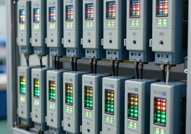 A photography showing rows of high-end industrial PLC controllers and servo drives neatly arranged on a demonstration rack, glowing with status LEDs. Steel blue and light gray tones.